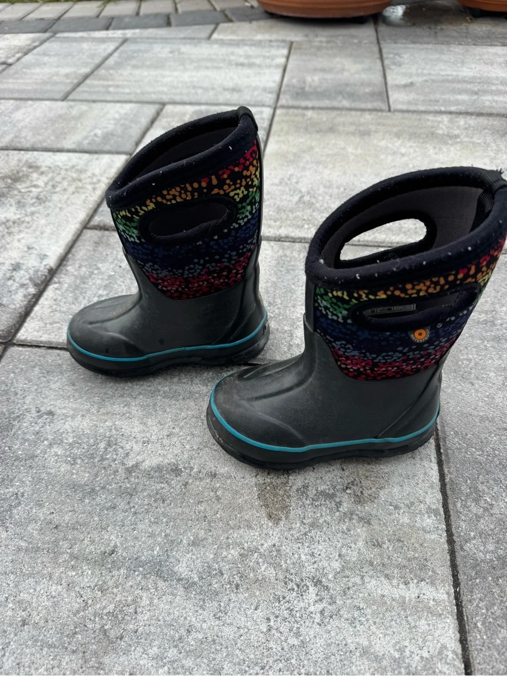 Bogs Kids Black Boots with Rainbow Speckle Cuff